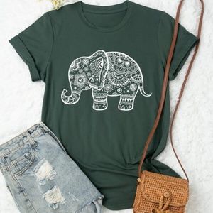 DARK GREEN ELEPHANT PRINT T-SHIRT, SHORT SLEEVE CREW NECK CASUAL TOP